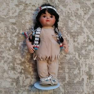 Vtg. Porcelain Doll 1993 Native American Child with Stand Collector